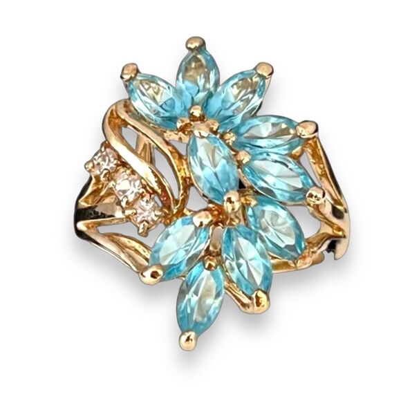 Vintage Ring Size 6 Blue Crystal Cluster 14K Gold Plate Mid-Century 14E - Picture 10 of 14